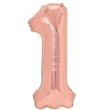 Balon din folie metalizata flippy, figurina cifra, tema aniversare 40 cm, ambalaj individual, pai inclus, umflare cu aer sau heliu, rose gold, cifra 1