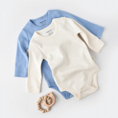 Set 2 body-uri cu maneca lunga bebe unisex -100% bumbac organic - Ecru/Bleu, BabyCosy (Marime: 18-24 Luni)