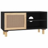 Cumpara ieftin Comoda TV, negru, 80x30x40 cm, lemn masiv pin si ratan natural