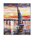 Cumpara ieftin Tablou pictat manual birou, living, dormitor, Rasarit de soare cu velier, 60x50cm ulei pe panza efect 3D, gata de agatat pe perete