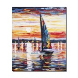 Tablou pictat manual birou, living, dormitor, Rasarit de soare cu velier, 60x50cm ulei pe panza efect 3D, gata de agatat pe perete