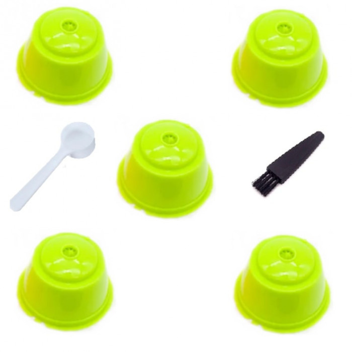 Set 5 Capsule cafea, reutilizabila, reincarcabila, compatibil Dolce Gusto, verde deschis, cu periuta si lingurita