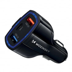 Încărcător auto USB x2 și USB C negru WCC-01 Wozinsky