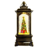 Cumpara ieftin Decoratiune luminoasa si muzicala cu tematica de Craciun, tip felinar, cu brad impodobit si cadouri, din metal si plastic, maro