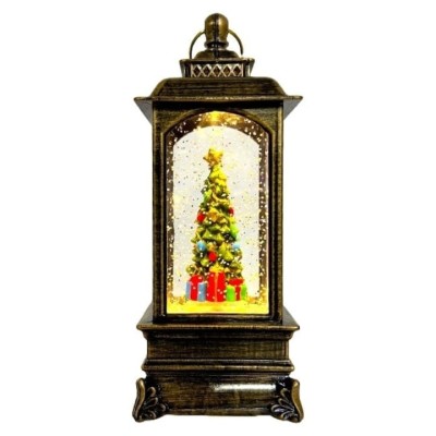 Decoratiune luminoasa si muzicala cu tematica de Craciun, tip felinar, cu brad impodobit si cadouri, din metal si plastic, maro foto