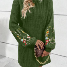 Rochie mini din tricot, cu guler inalt si model broderie, verde, dama, Shein