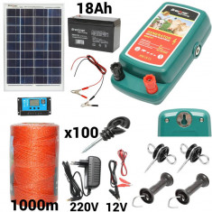 Kit pachet gard electric 2 Joule 12 220V panou solar baterie 18ah 1000m (BK92717-1000-03-18ah)