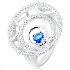 Inel realizat din argint 925, trei cercuri, linii lucioase și strălucitoare, zirconiu albastru rotund - Marime inel: 49
