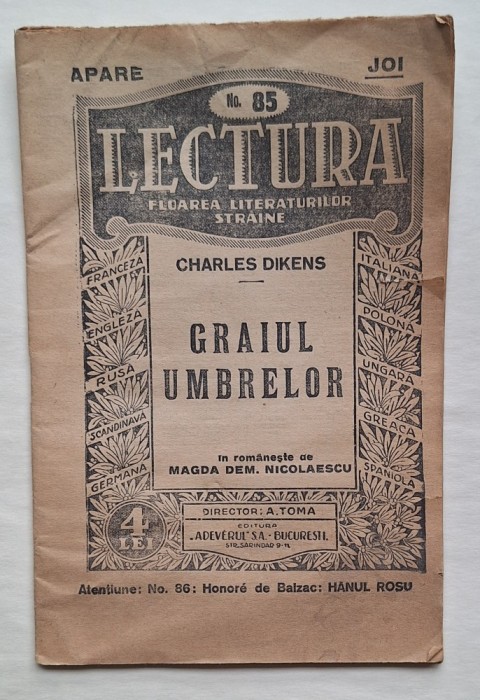 Dickens &ndash; &bdquo;Graiul umbrelor&rdquo;, Lectura nr. 85, Adevărul S.A., interbelic