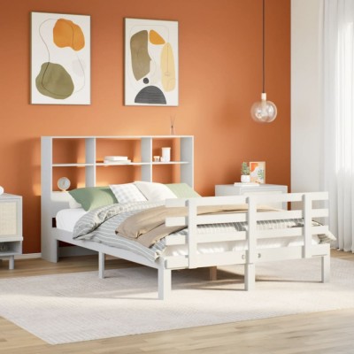 vidaXL Pat cu bibliotecă fără saltea, alb, 160x200 cm, lemn masiv pin 3322762 foto