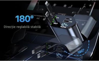 Incarcator Auto Retractabil 4 in 1, Afisaj Digital Tensiune, Putere 66W foto