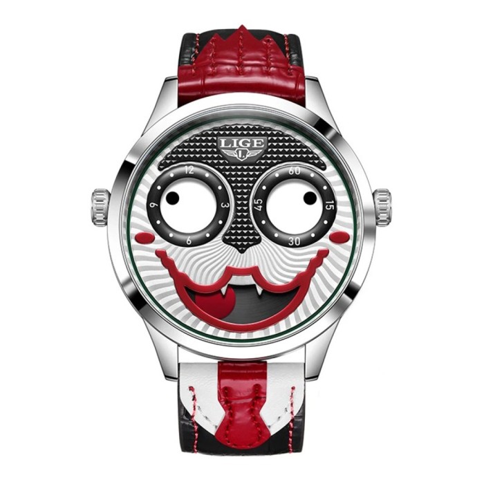Ceas Barbati Lige 89160 Argintiu-Rosu , Design Creativ Clown, Functii Multiple, Afisaj Luminos, Rezistent la Apa 3ATM