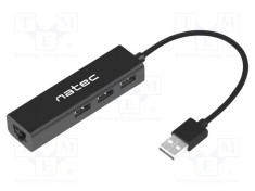 Hub USB 2.0 NATEC 4 porturi RJ45 și USB A, negru, 0.18m, PnP