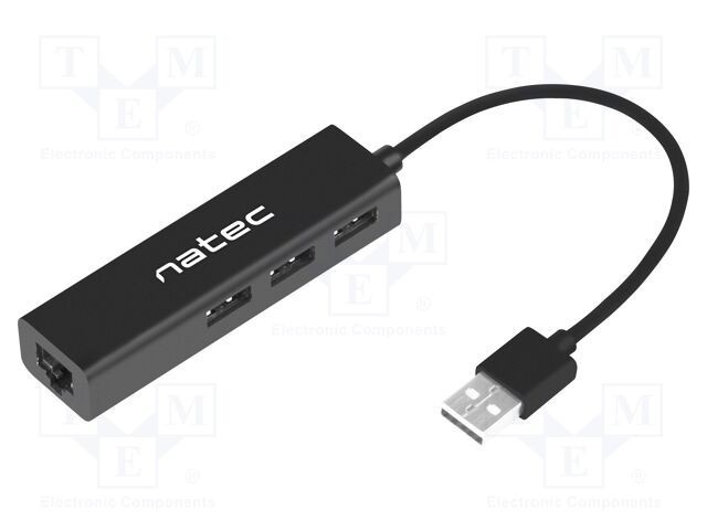 Hub USB 2.0 NATEC 4 porturi RJ45 și USB A, negru, 0.18m, PnP