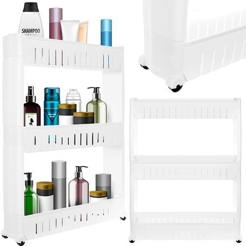 Etajera cu 3 rafturi pentru mobila, roti transport, 54,5x12,5x72,5 cm, plastic, alb