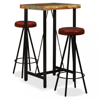 vidaXL Set mobilier bar, 3 piese lemn masiv reciclat și piele naturală foto