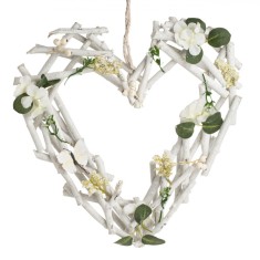 Decorațiune Suspendabilă Lemn, Inimă Decorativă, Flori &amp; Fluture, Alb, 40x5x40cm