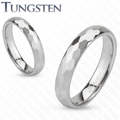 Inel din tungsten - inel argintiu şlefuit în hexagoane - Marime inel: 62