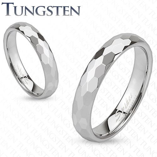 Inel din tungsten - inel argintiu şlefuit &icirc;n hexagoane - Marime inel: 59