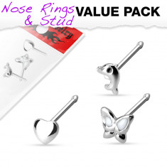 Set de trei piercing-uri pentru nas din argint 925 - fluture, inimă și delfin
