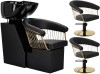 Set Scafă coafor profesională unitate de spălare model Zoe + 2 x scaune de coafură hidraulic pivotant pentru picioare și accesorii bol ceramic