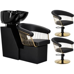 Set Scafă coafor profesională unitate de spălare model Zoe + 2 x scaune de coafură hidraulic pivotant pentru picioare și accesorii bol ceramic