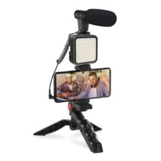 Kit de vlogging, cu microfon si trepied, cu suport de telefon reglabil, lumina LED, functioneaza cu baterii, negru