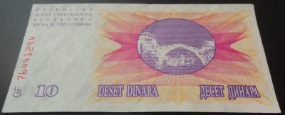 Bancnota 10 Dinari - BOSNIA-HERTEGOVINA, anul 1992 * Cod 200 --- UNC foto