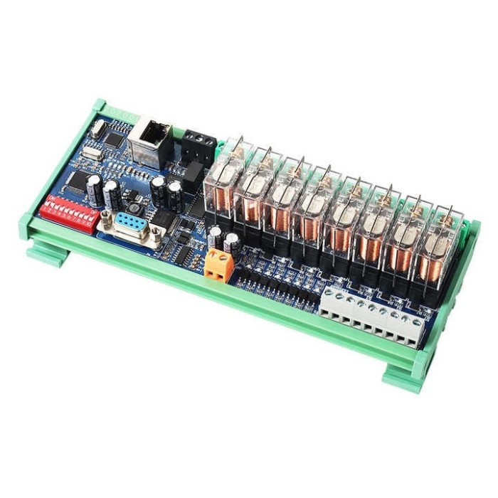 Modul releu 8 canale Ethernet Input Output, alimentare 24V DC; Port comunicatie RS485, RS232, Ethernet RJ45, protocol Modbus RTU TCP, suport monare pe
