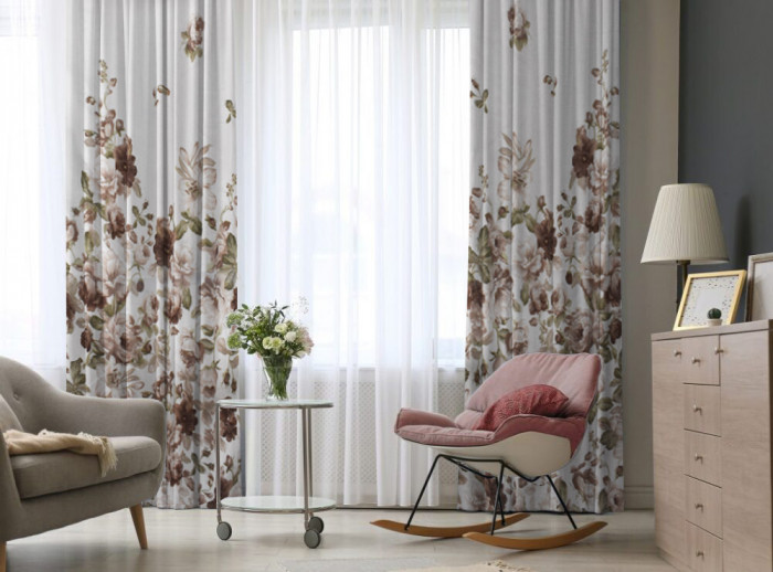 Set draperii dim-out model floral cu rejansa din bumbac tip fagure, Madison, 150x210 cm, densitate 700 g/ml, Lilium et Rosa, 2 buc
