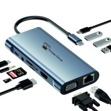 HUB USB-C 11-in-1, PRESTIGE CHARGE&reg;, 2 monitoare, alimentare, audio, retea si date - port 4K HDMI, VGA, Ethernet 1000, 100W PD, 3*USB 3.0 5Gbps, USB-C