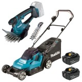 Makita DLM432CT2 + DUM604ZX - Masina de tuns iarba cu 2 acumulatori Li-Ion 18 V 5 Ah 43 cm 50 l + Masina de tuns gard viu 20 cm accesorii