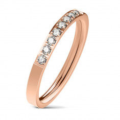 Inel din oțel de culoare aramei, linie din zirconii transparente, suprafață lucioasă, 2,5mm - Marime inel: 60