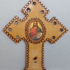 Crucifix ortodox romanesc artizanal 25cm, tip aplica de perete, vintage anii 70