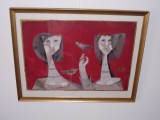 Sami Briss (n.1930 Iasi),&quot;Prietenie&quot;, cromolitografie, tablou autentic, 70x55cm