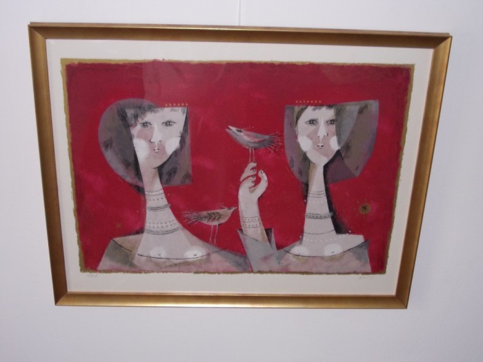 Sami Briss (n.1930 Iasi),&quot;Prietenie&quot;, cromolitografie, tablou autentic, 70x55cm
