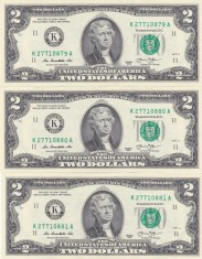 3 BANCNOTE;2 Dollars 2013 Statele Unite ale Americii / SUA /SERIE CONSECUTIVA foto