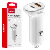 Incarcator auto AMiO cu USB-A si USB-C, putere totala 20W, alimentare 12-24V DC, alb, design compact pentru priza auto, incarcare rapida si eficienta