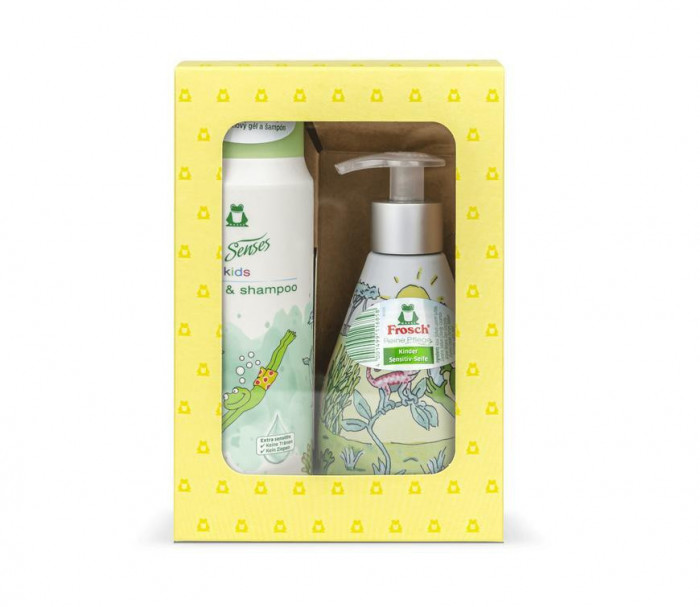 Set cadou Frosch EKO, gel de duș/șampon + săpun, galben, pentru copii, 2x300 ml