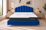 Pat Cloud 180x200 cm, Catifea Albastru, Somiera Inclusa, Picioare Metalice Auriu, Design Modern