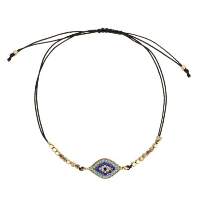 Brățară Bijuterii Language of Jewels, Ochi Oval, Strass Turcoaz și Bleu, Mărgele Aurii, Negru foto