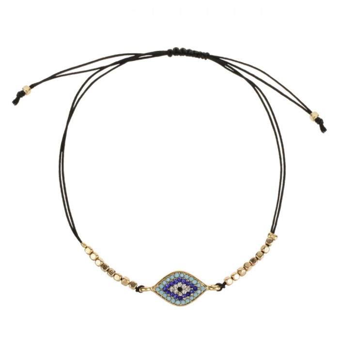 Brățară Bijuterii Language of Jewels, Ochi Oval, Strass Turcoaz și Bleu, Mărgele Aurii, Negru