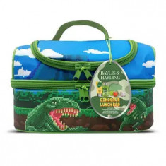 Set Dinosaur: geanta pentru pranz cu imprimeu de dinozauri, burete de baie in forma de dinozaur, spumant de baie, 100 ml, bila efervescenta pentru bai