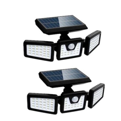 Set 2 lampi solare triple FOXMAG24, pentru exterior, cu senzor de miscare, rezistente la apa, 74 LED-uri, 2400 mAh, negru foto