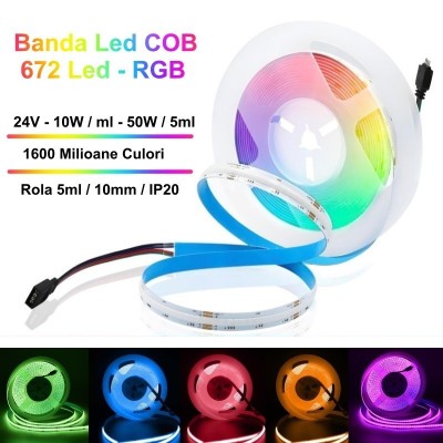 Banda COB 672 Led RGB 24V - 10W/ml - 10mm / Rola -5m foto