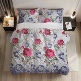 Set Lenjerie de Pat 2 Piese Husa Pilota 120x200 + 1 Fata de Perna 50x70 Cu Flori Mari, Din Bumbac Standard, Cu Inchidere cu Fermoar , Eleganta Florala