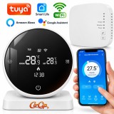 Termostat Wireless pentru Centrale Termice pe Gaz, Wifi, Control din aplicatia Tuya, Universal, Programabil, Receiver inclus, Touchscreen, Control voc