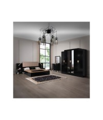 Set Dormitor COD300, 6 Piese, Pat 160 x 200, Comoda Cu Oglinda, 2Noptiere, Dulap 6u, Culoare Negru