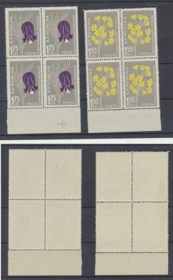 ROMANIA 1957 Flora Carpatina set 2 erori timbre cu initiala M blocuri de 4 MNH foto