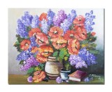 Aranjament cu maci regali, liliac si carti, tablou pictat manual 50x40cm ulei pe panza, Constantin Feraru